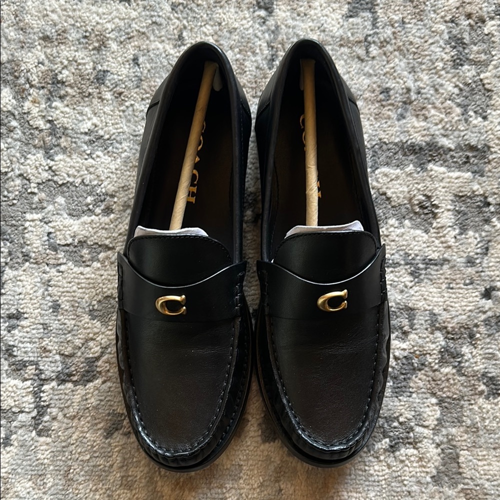 Coach Black Leather Loafers with Gold Accents